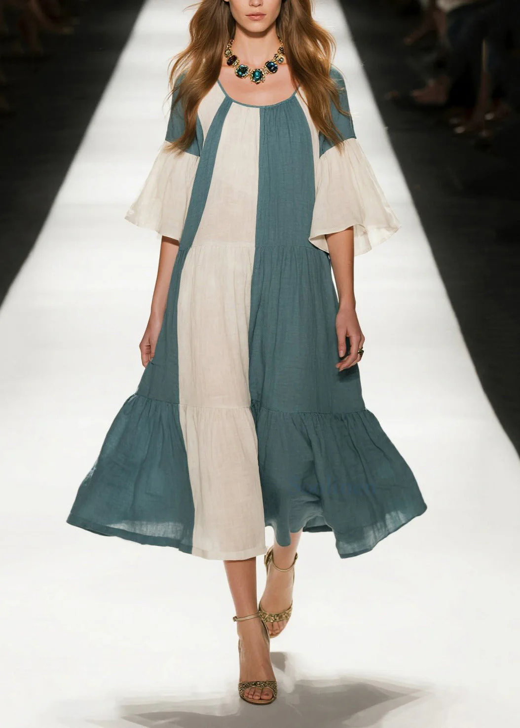 Sea Blue Patchwork Cotton A Line Dresses Oversized Flare Sleeve - Image 3