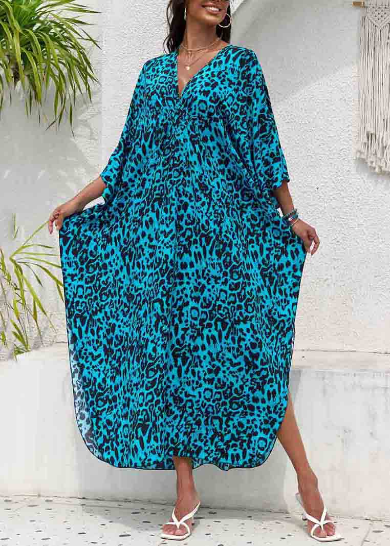 Sea Blue Print Chiffon Beach Dress V Neck Side Open Summer - Image 4