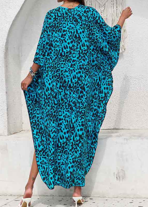 Sea Blue Print Chiffon Beach Dress V Neck Side Open Summer - Image 5