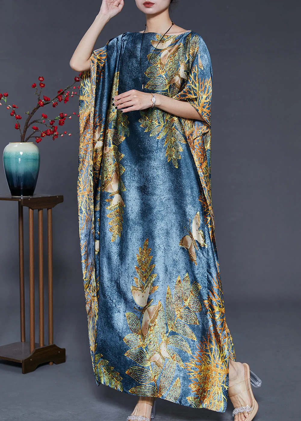 Sea Blue Print Silk Beach Dresses Side Open Batwing Sleeve - Image 3