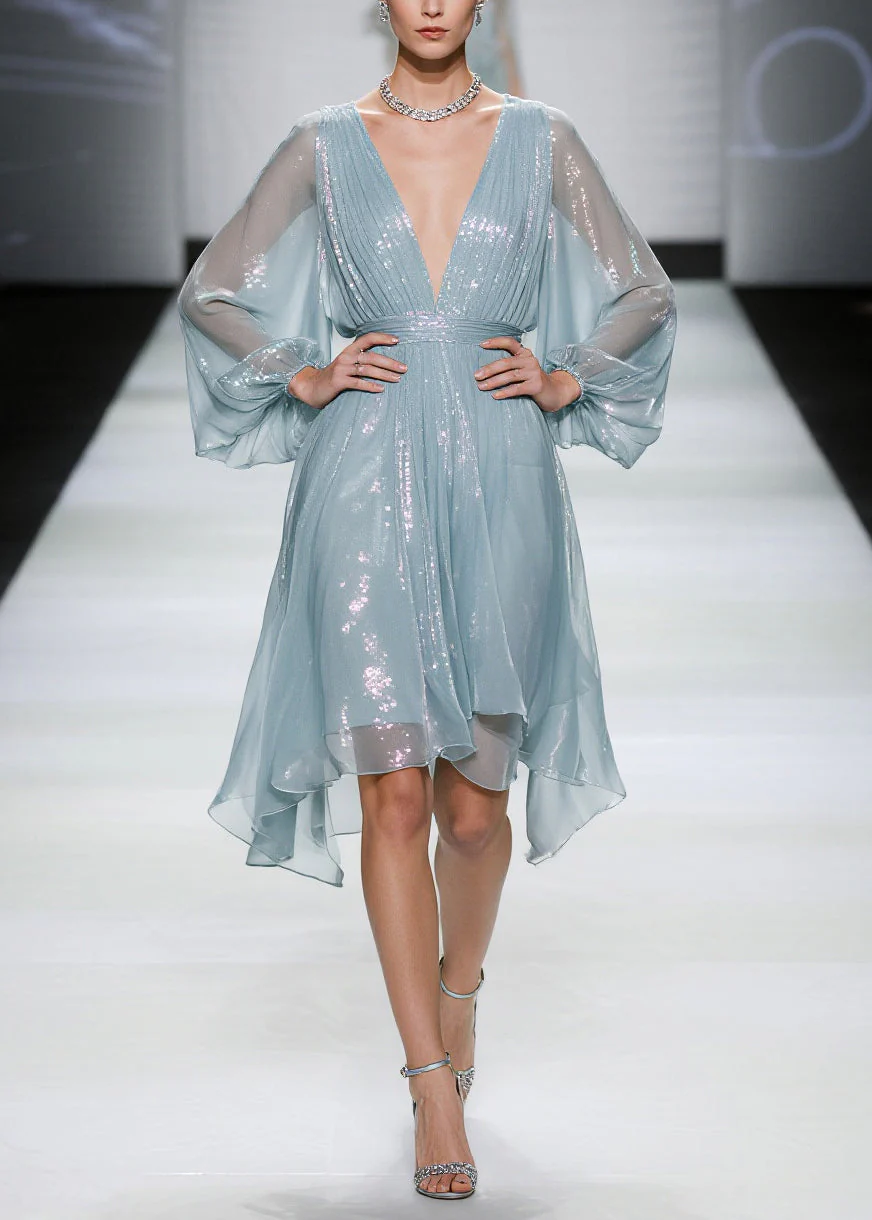 Sea Blue Tulle Mini Dresses Sequins Sheer Summer - Image 3