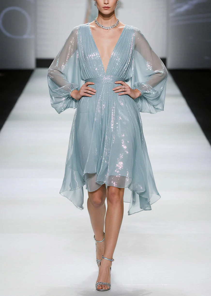 Sea Blue Tulle Mini Dresses Sequins Sheer Summer - Image 5