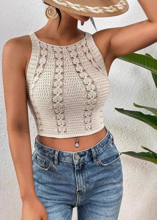 Sex Beige O-Neck Hollow Out Knit Vest Summer - Image 3