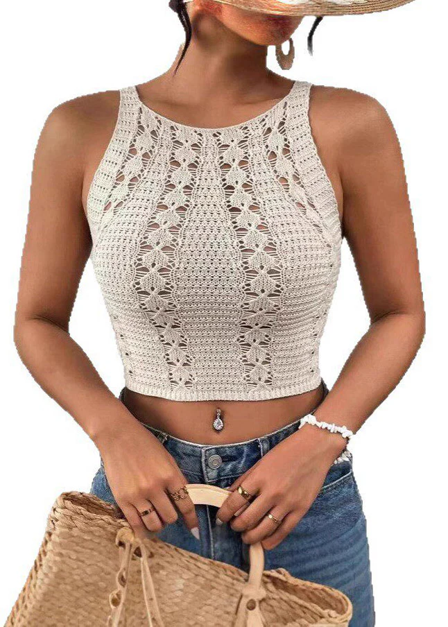 Sex Beige O-Neck Hollow Out Knit Vest Summer - Image 5