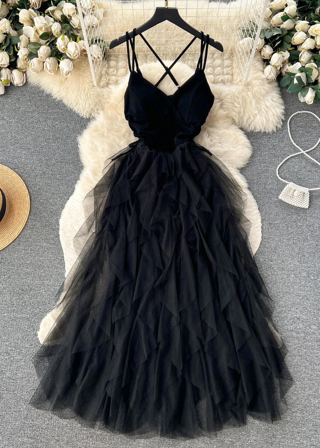 Sexy Apricot Cinched Patchwork Tulle Spaghetti Strap Dress Sleeveless - Image 2