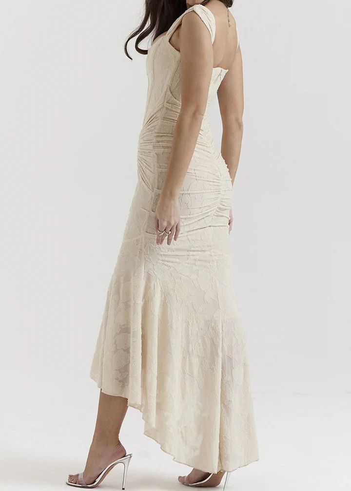 Sexy Apricot Square Collar Wrinkled Cotton Summer Fish Tail Dress - Image 4