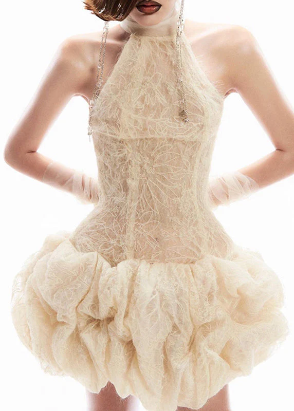 Sexy Apricot Turtleneck Patchwork Lace Mid Dress Sleeveless - Image 2