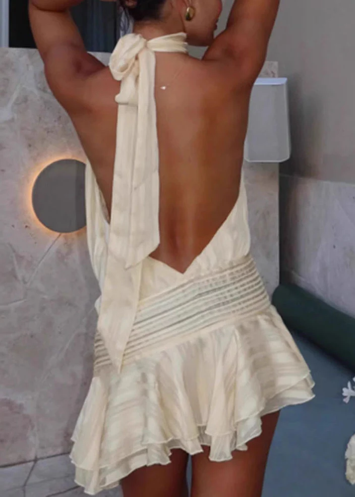 Sexy Beige Backless Patchwork Silk Dress Sleeveless - Image 3
