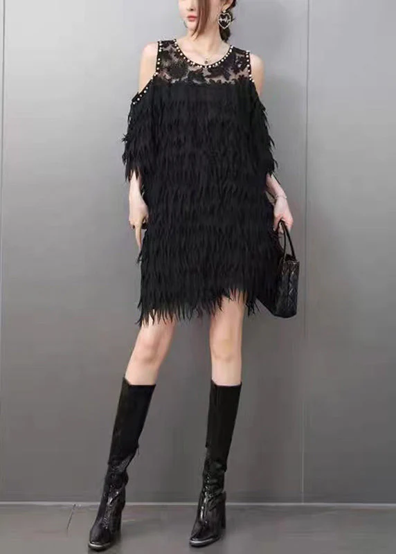 Sexy Black Cold Shoulder Nail Bead Tassel Mid Dresses Short Sleeve - Image 3