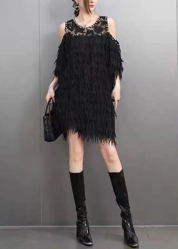 Sexy Black Cold Shoulder Nail Bead Tassel Mid Dresses Short Sleeve - Image 5