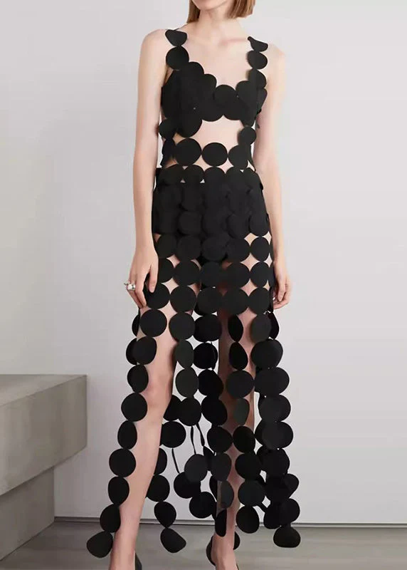 Sexy Black Hollow Out Backless Cotton Spaghetti Strap Dress Sleeveless