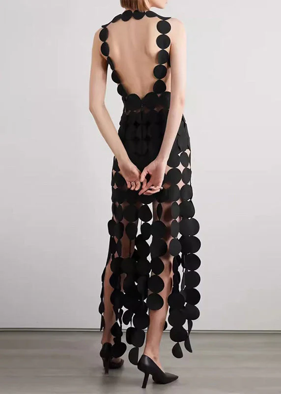 Sexy Black Hollow Out Backless Cotton Spaghetti Strap Dress Sleeveless - Image 3