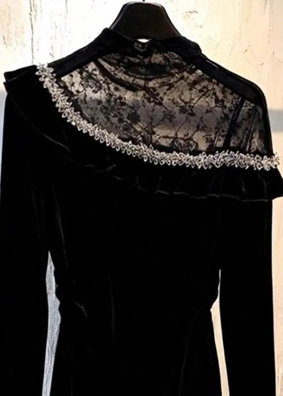 Sexy Black Lace Patchwork Silk Velour Top Spring - Image 2