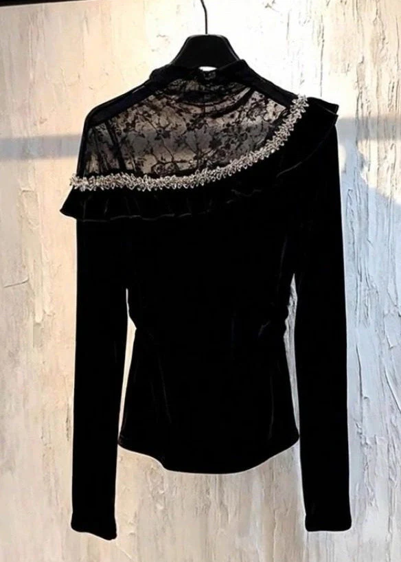 Sexy Black Lace Patchwork Silk Velour Top Spring - Image 3