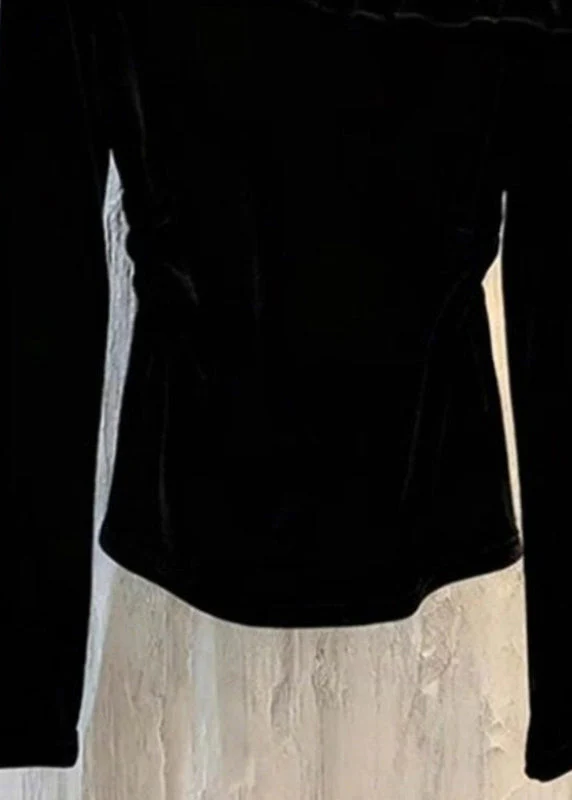 Sexy Black Lace Patchwork Silk Velour Top Spring - Image 4