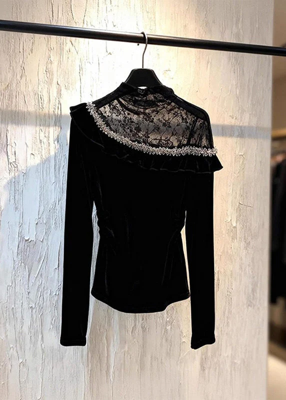 Sexy Black Lace Patchwork Silk Velour Top Spring - Image 5