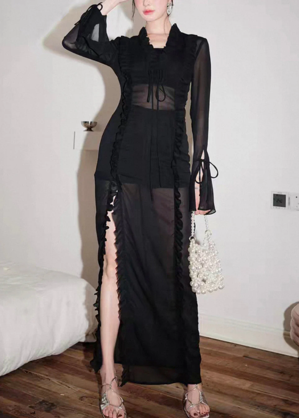 Sexy Black Lace Up Side Open Chiffon Long Dress Flare Sleeve - Image 2