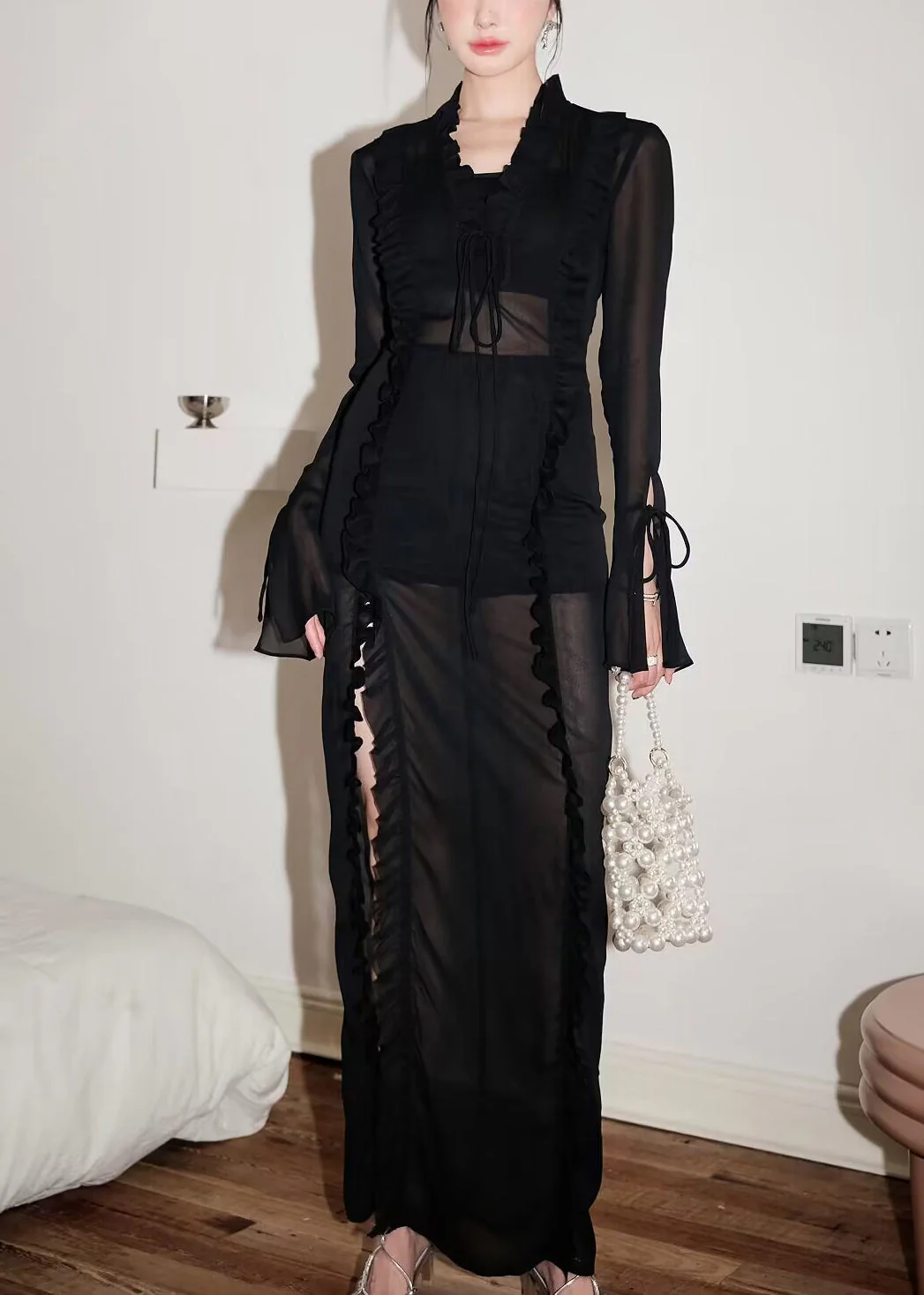 Sexy Black Lace Up Side Open Chiffon Long Dress Flare Sleeve - Image 3