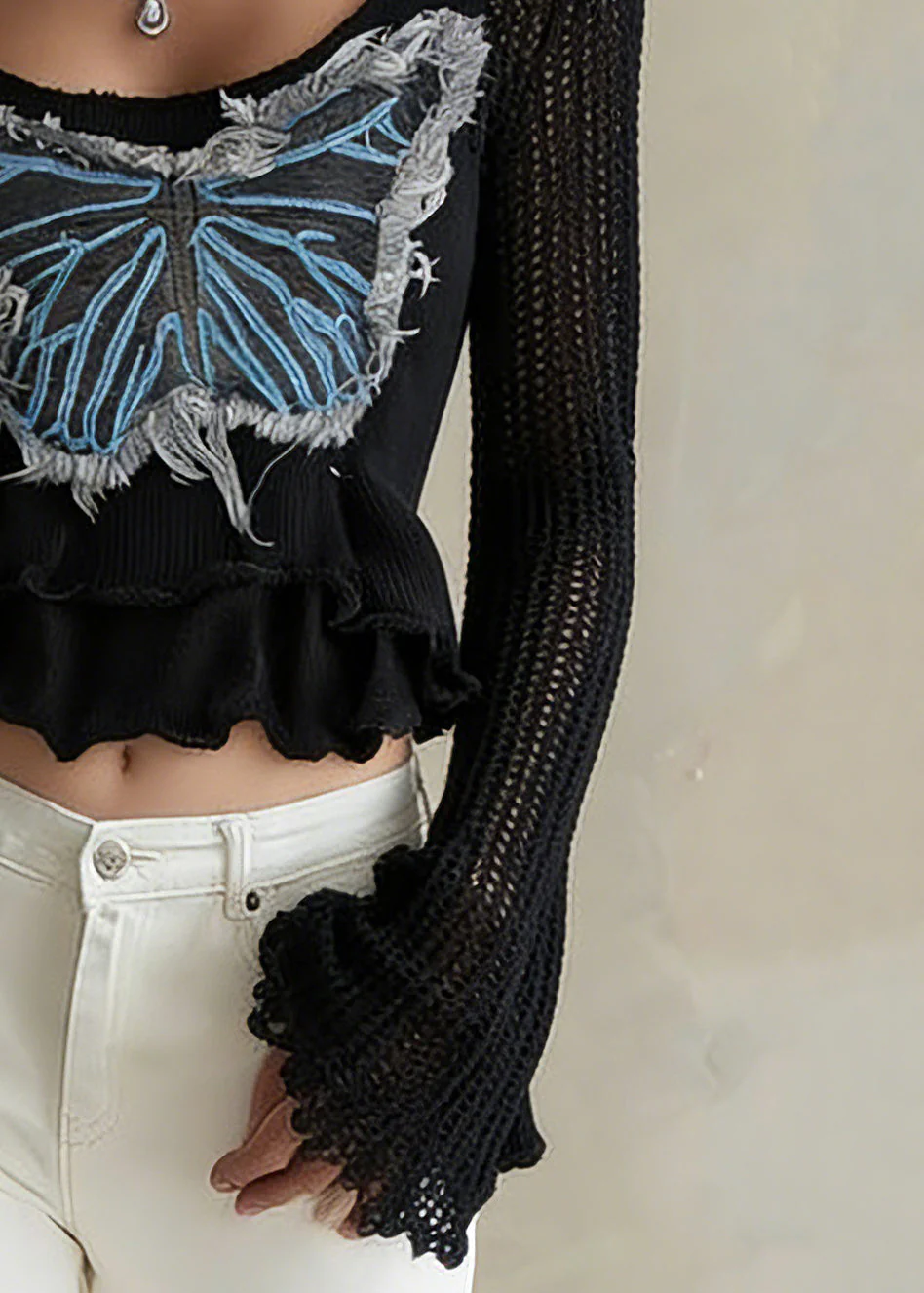 Sexy Black O-Neck Butterfly Knit Sweater Flare Sleeve - Image 4