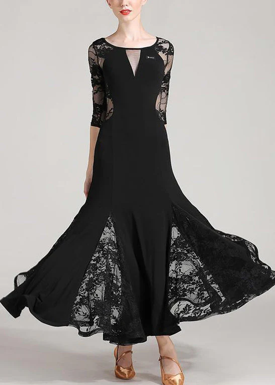 Sexy Black O Neck Lace Patchwork Dresses Half Sleeve - Image 3