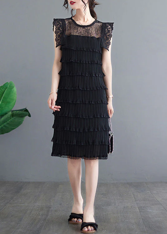 Sexy Black O-Neck Tulle Patchwork Vacation Long Layered Dresses Summer - Image 3