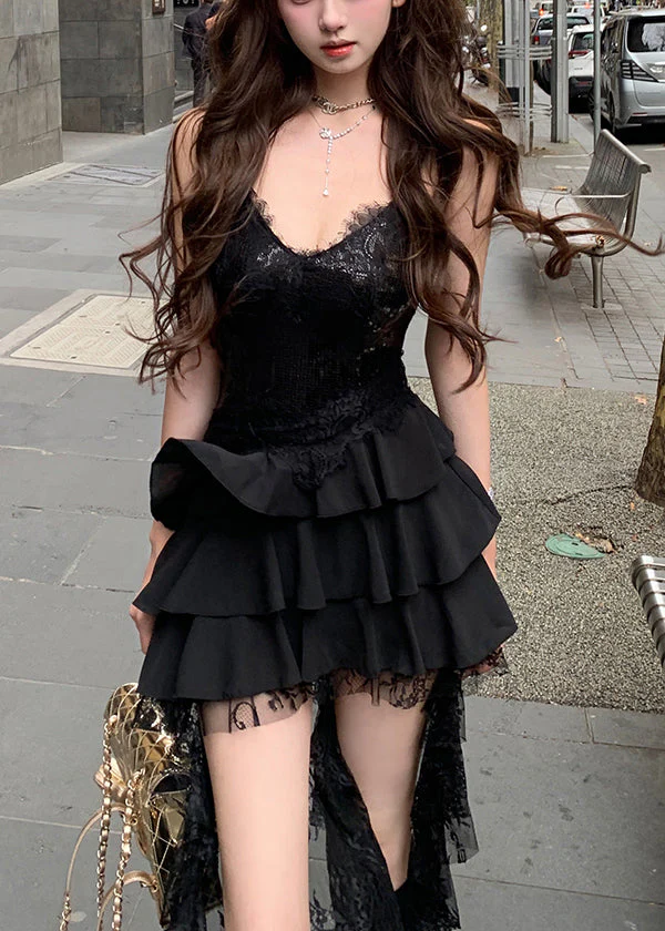 Sexy Black Sequins Lace Low High Design Dress Sleeveless