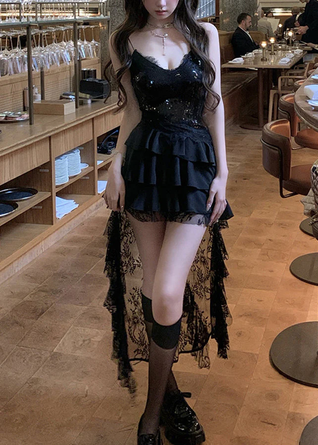 Sexy Black Sequins Lace Low High Design Dress Sleeveless - Image 2