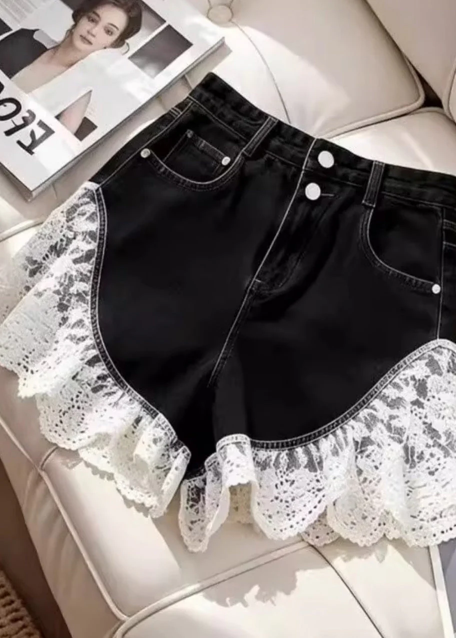 Sexy Black Silm Fit Lace Patchwork Denim Shorts Summer