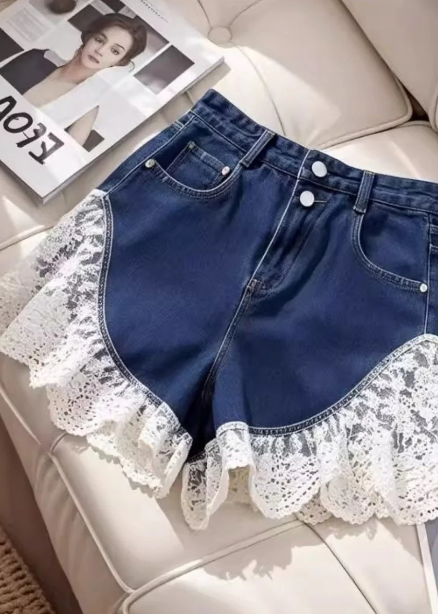Sexy Black Silm Fit Lace Patchwork Denim Shorts Summer - Image 2