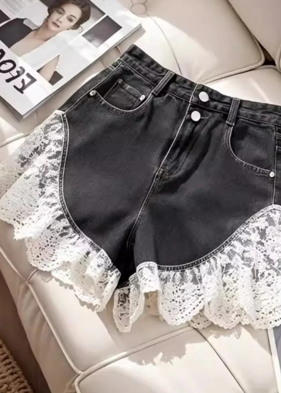 Sexy Black Silm Fit Lace Patchwork Denim Shorts Summer - Image 3