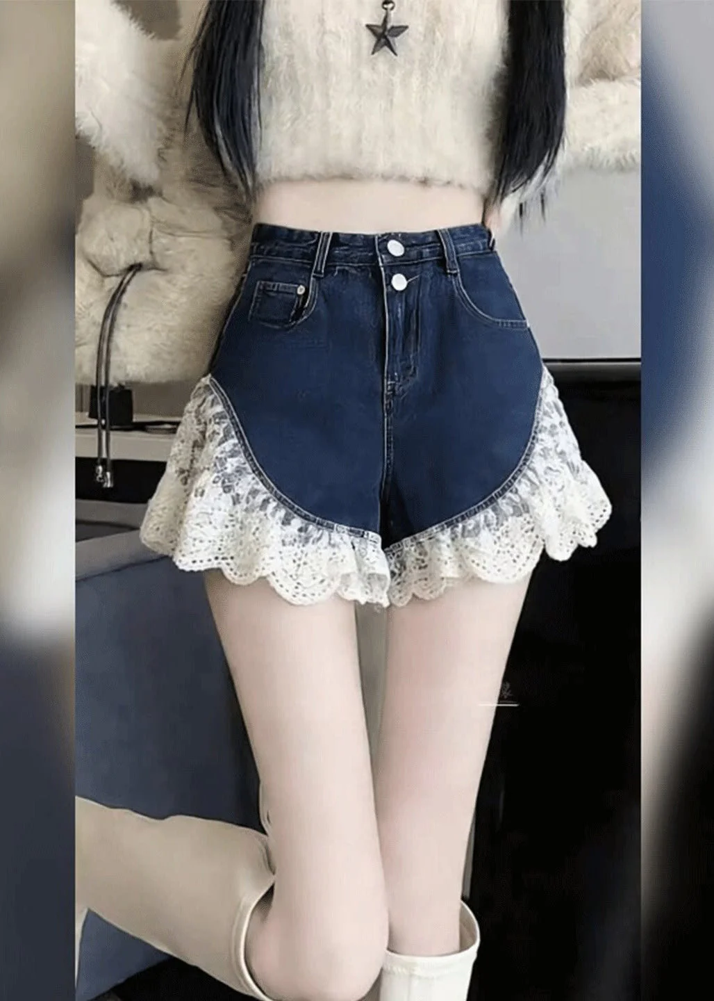 Sexy Black Silm Fit Lace Patchwork Denim Shorts Summer - Image 4