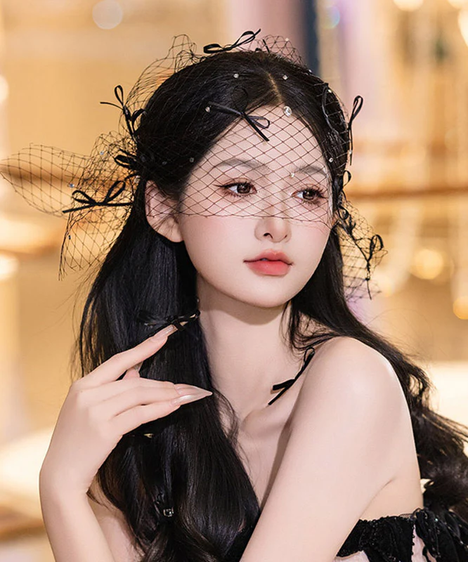 Sexy Black Tulle Zircon Bow HairPiece - Image 4