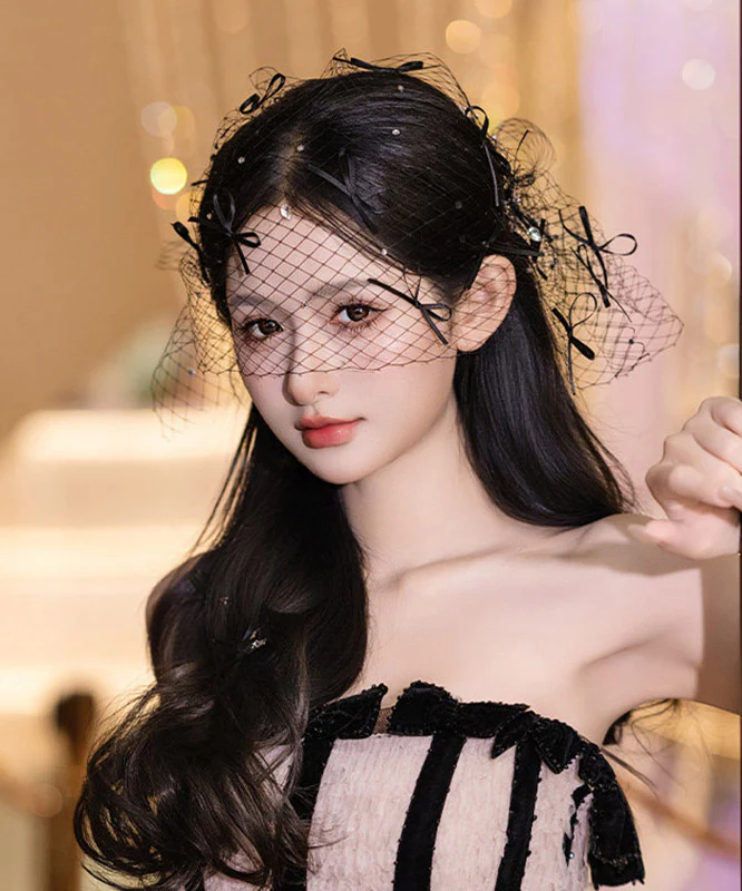 Sexy Black Tulle Zircon Bow HairPiece - Image 5