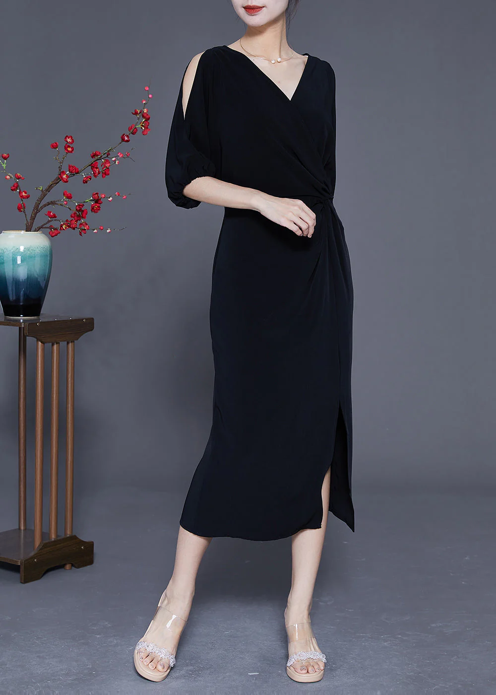Sexy Black V Neck Cold Shoulder Side Open Party Dress Summer - Image 2