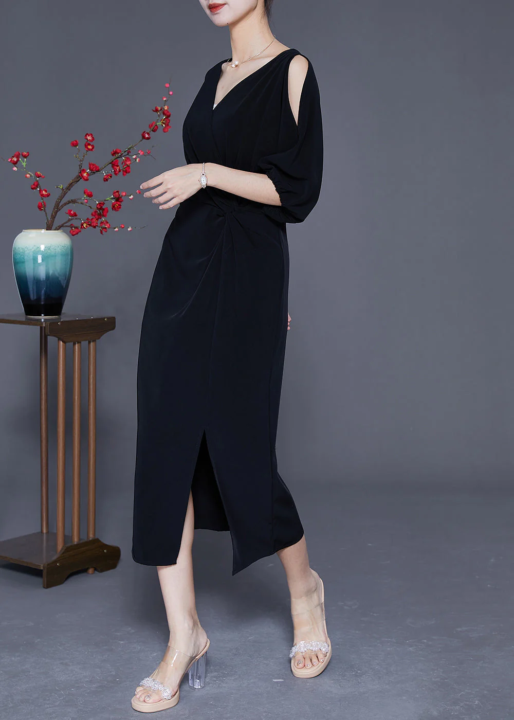 Sexy Black V Neck Cold Shoulder Side Open Party Dress Summer - Image 3