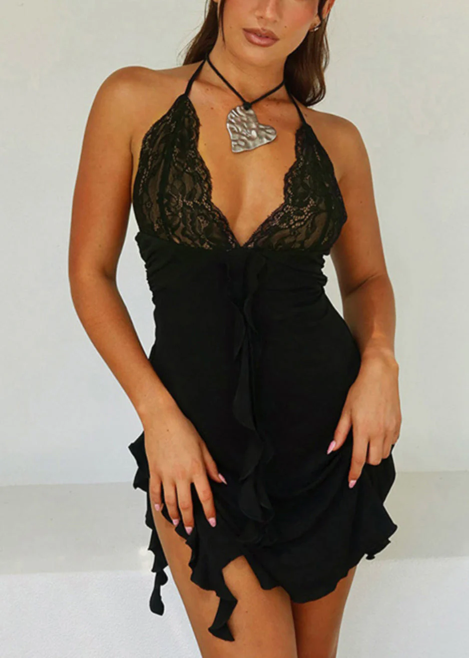 Sexy Black V Neck Lace Lace Up Mini Dresses Sleeveless - Image 2