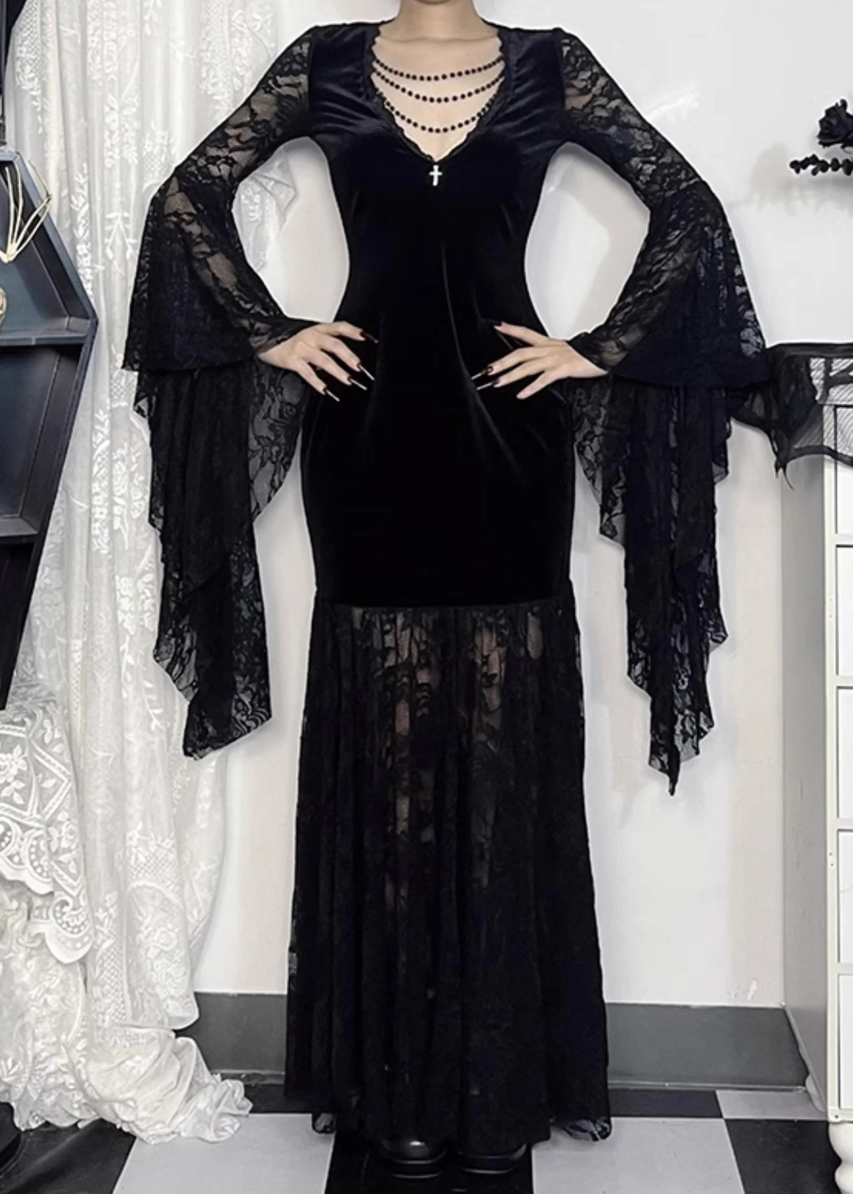 Sexy Black V Neck Lace Patchwork Silk Velvet Long Dresses Flare Sleeve - Image 2