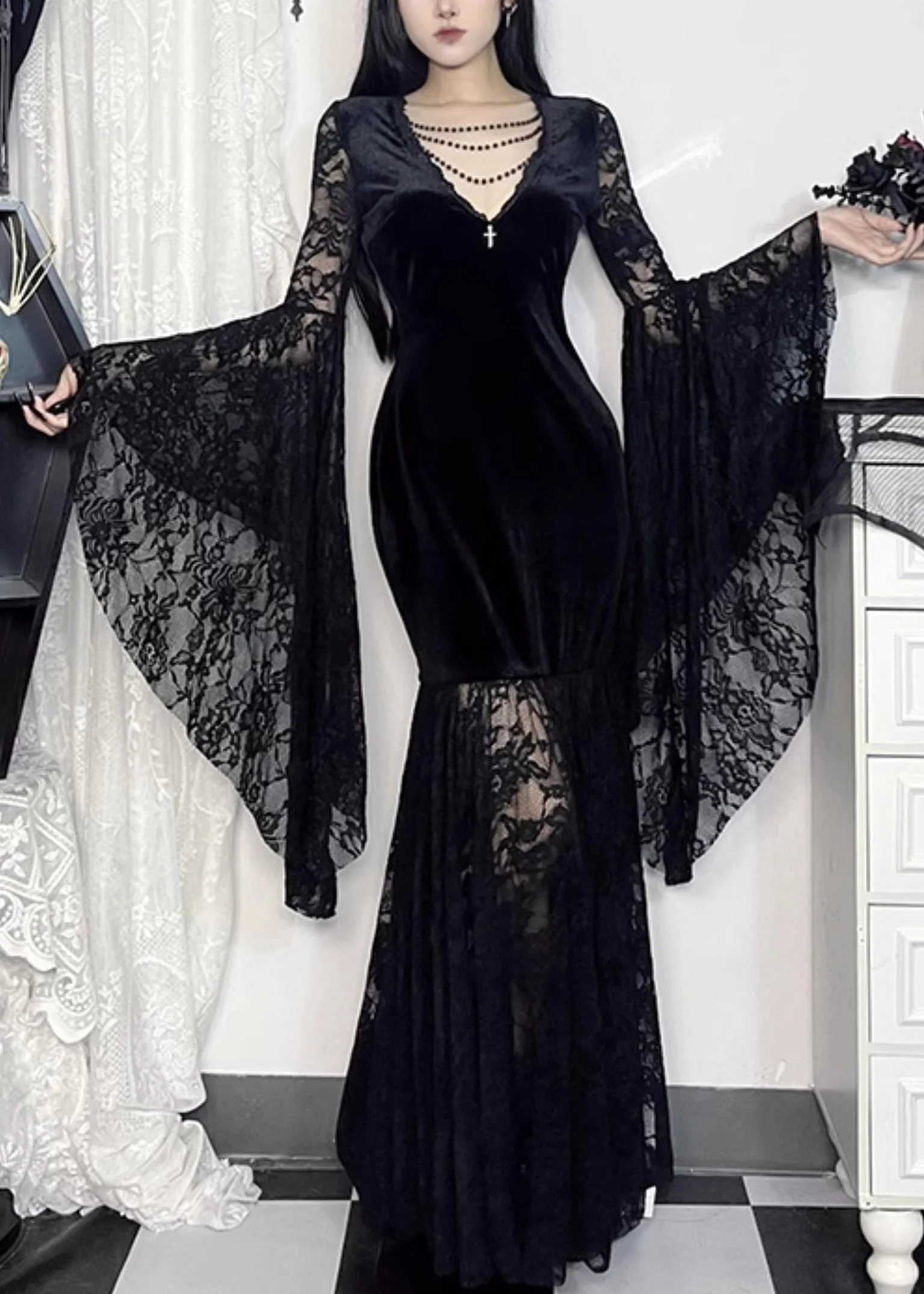 Sexy Black V Neck Lace Patchwork Silk Velvet Long Dresses Flare Sleeve - Image 3