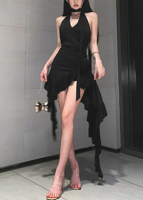 Sexy Black V Neck Lace Up Cotton Mid Dress Sleeveless - Image 3