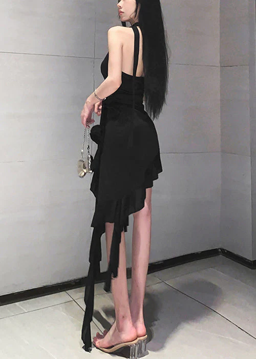 Sexy Black V Neck Lace Up Cotton Mid Dress Sleeveless - Image 4