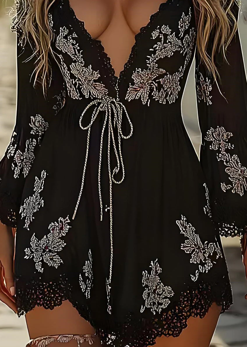 Sexy Black V Neck Print Lace Up Holiday Dress Spring - Image 4