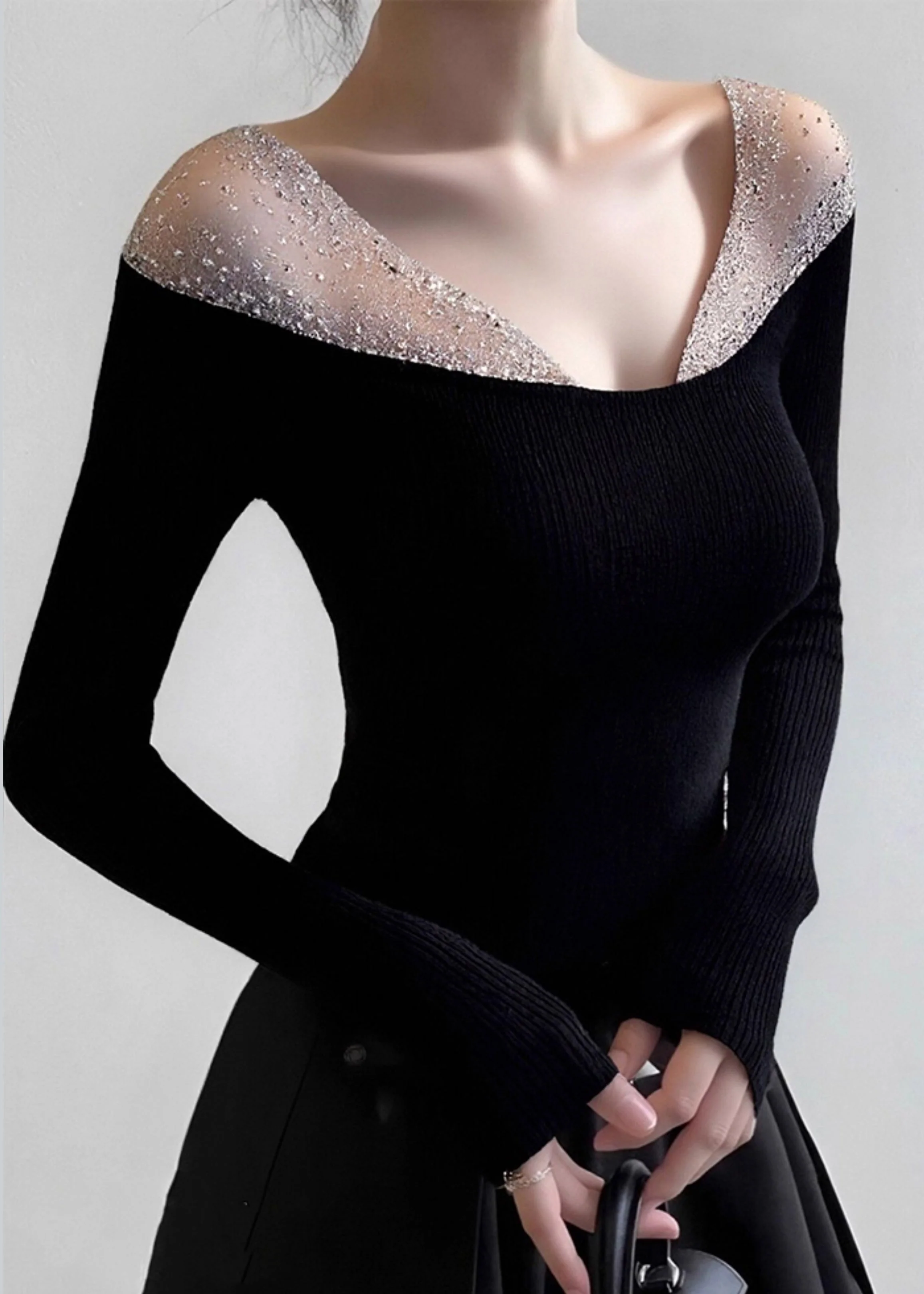 Sexy Black V-Neck Tulle Patchwork Knit Top Spring - Image 2