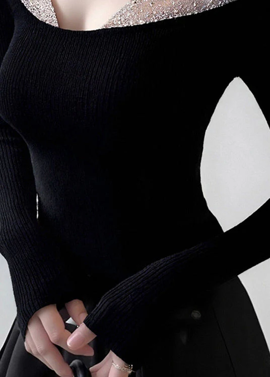 Sexy Black V-Neck Tulle Patchwork Knit Top Spring - Image 3