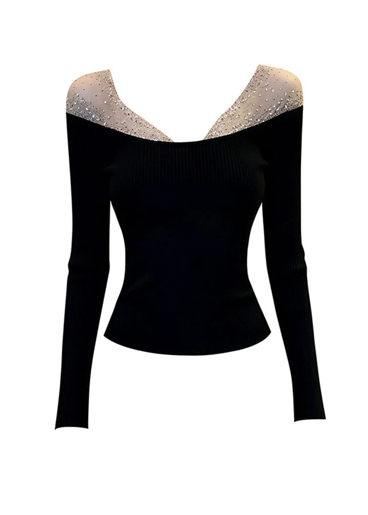 Sexy Black V-Neck Tulle Patchwork Knit Top Spring - Image 4