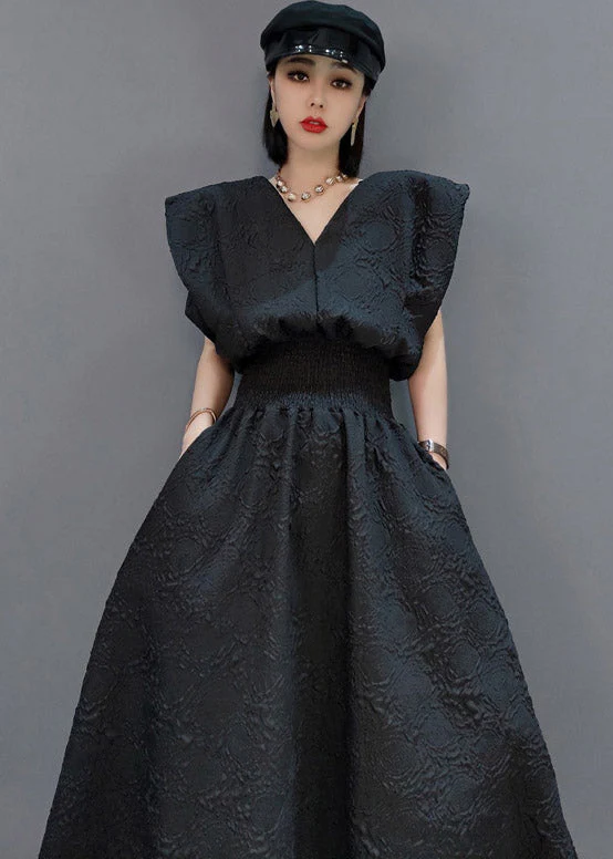Sexy Black V Neck Tunic Print Pockets Dress Sleeveless - Image 5