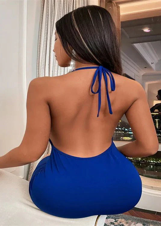 Sexy Blue Backless Wraped Halter Dress Summer - Image 4
