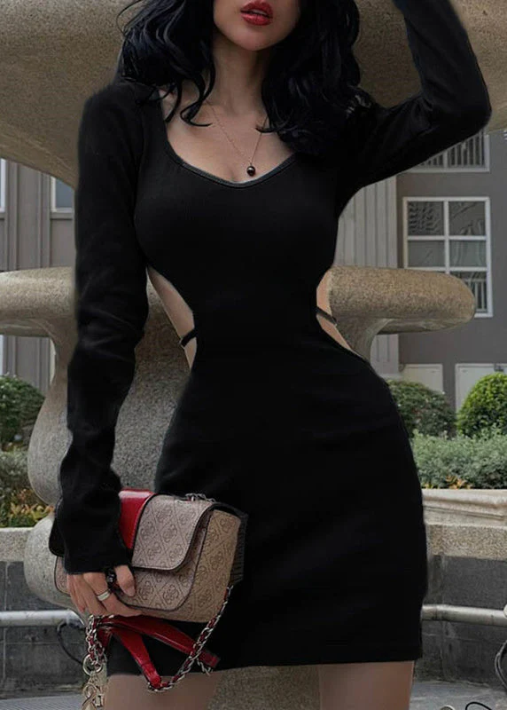 Sexy Blue Hollow Out Solid Cotton Mid Dress Spring - Image 2