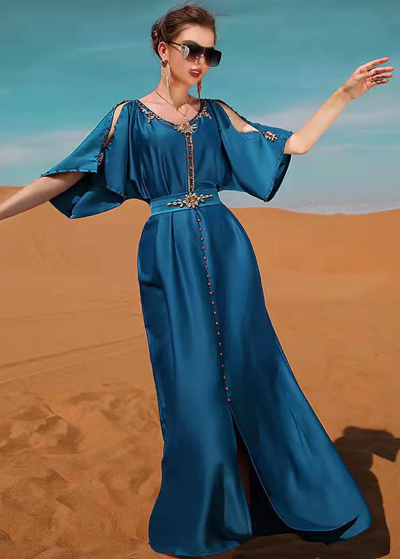 Sexy Blue O-Neck Patchwork Zircon Satin Maxi Dress Short Sleeve - Image 2