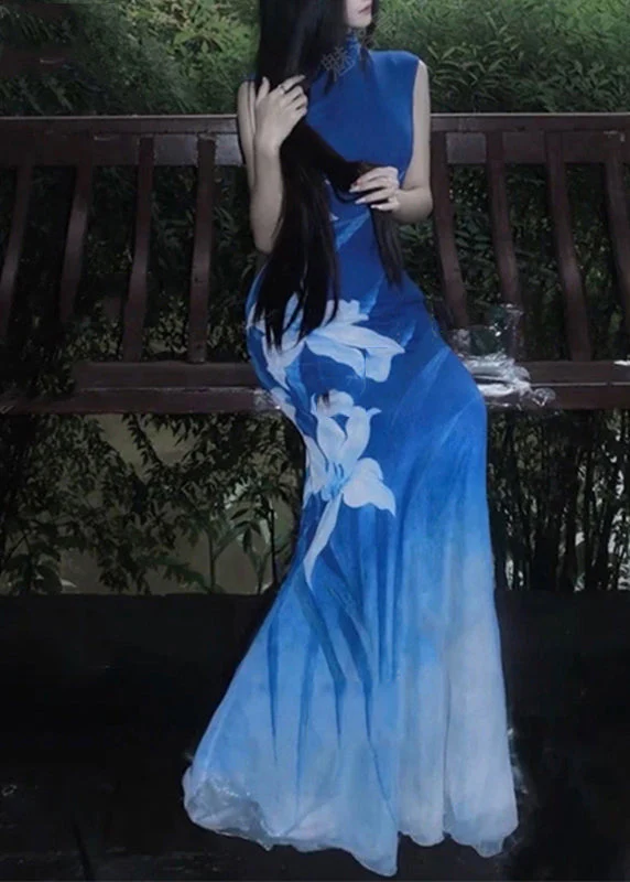 Sexy Blue O-Neck Print Tulle Maxi Dresses Sleeveless - Image 2