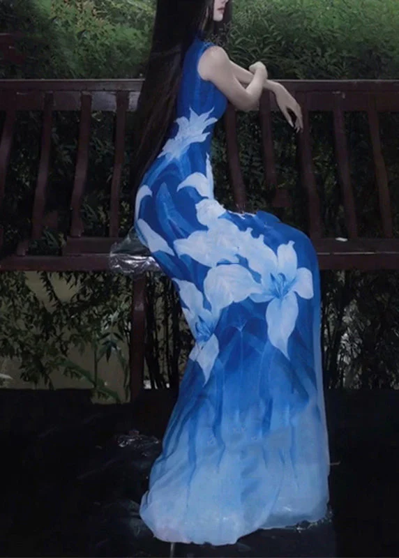 Sexy Blue O-Neck Print Tulle Maxi Dresses Sleeveless - Image 3